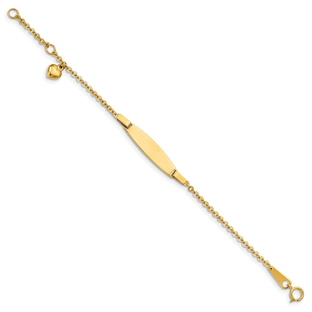 14K Polished Solid Chain/Solid Plate Heart Dangle 20x6mm Plate 5 inch Baby/Child ID Bracelet with 1 inch Extender