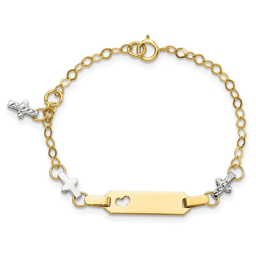 14k Two-tone Polished Textured Cross and Cut-out Heart 18x5mm Plate 4.5 inch Baby/Child ID Bracelet with 1 inch Extender
