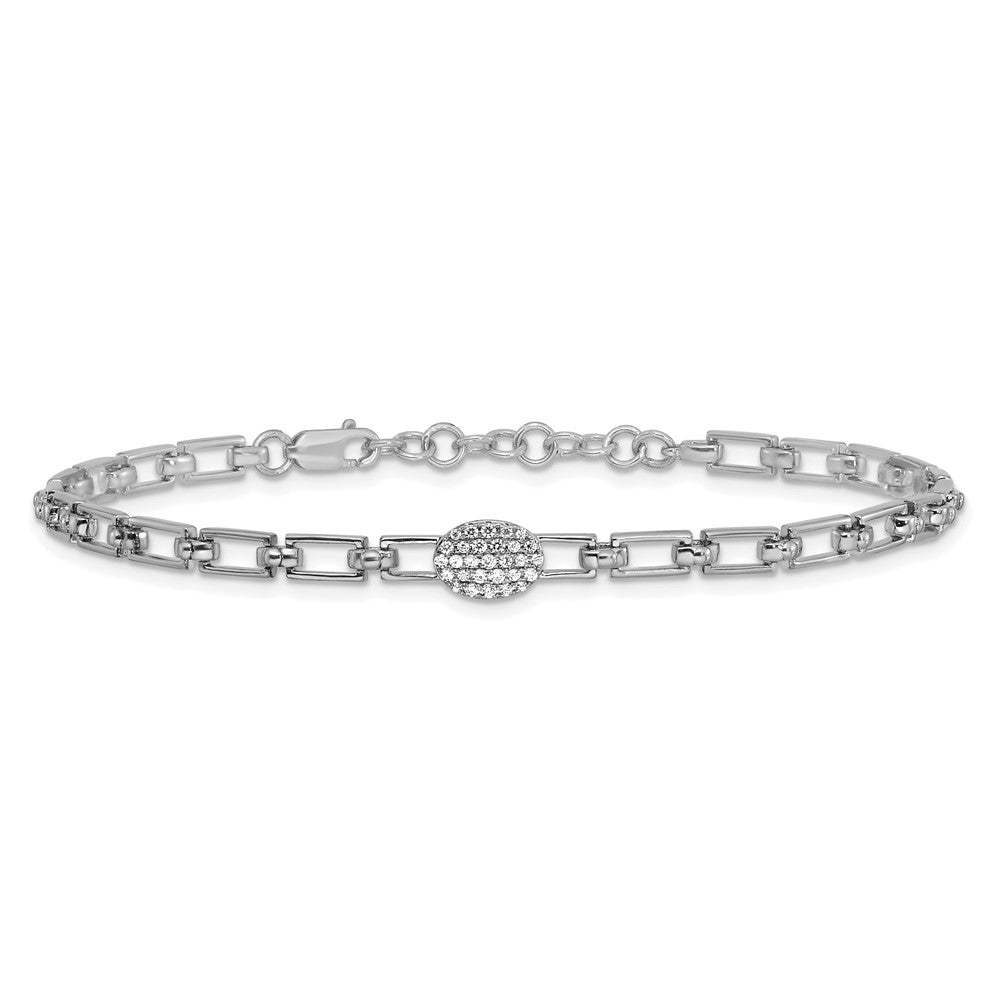 14K White Gold Polished Complete 1/8 carat Diamond Oval Cluster Fancy Link 7 inch Bracelet with 1 inch Extender