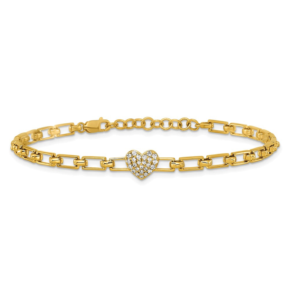 14K Polished Complete 1/6 carat Diamond Heart Cluster Fancy Link 7 inch Bracelet with 1 inch Extender