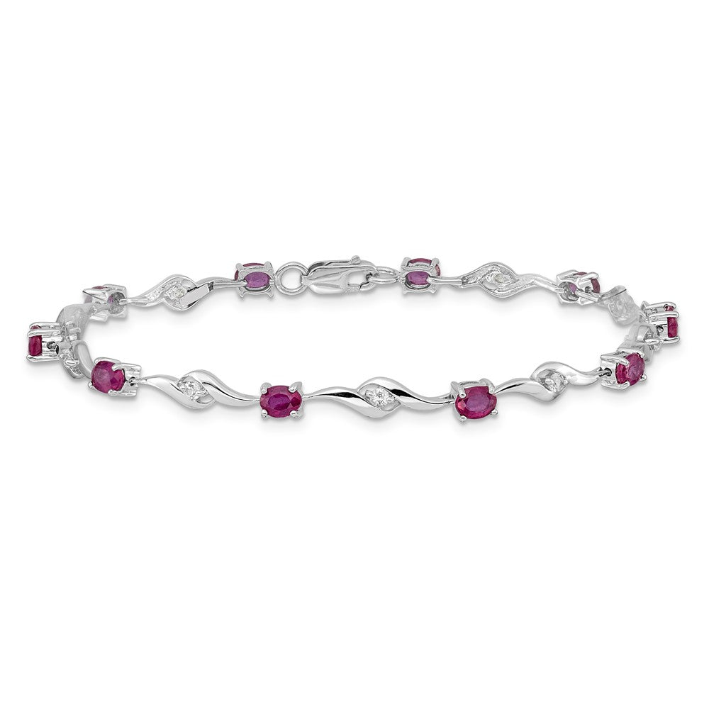 14k White Gold Complete Oval Ruby and Round White Sapphire Curved Link 7 inch Bracelet