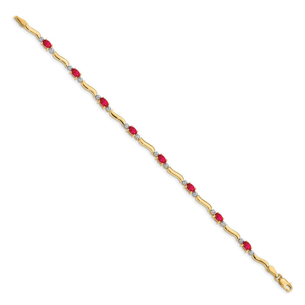 14k Complete Diamond and Oval Ruby Wavy Link 7 inch Bracelet