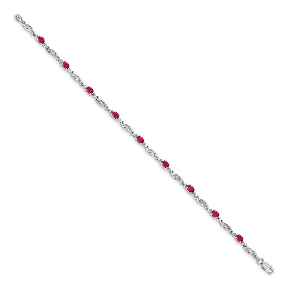 14k White Gold Complete Diamond and Oval Ruby Fancy Link 7.25 inch Bracelet