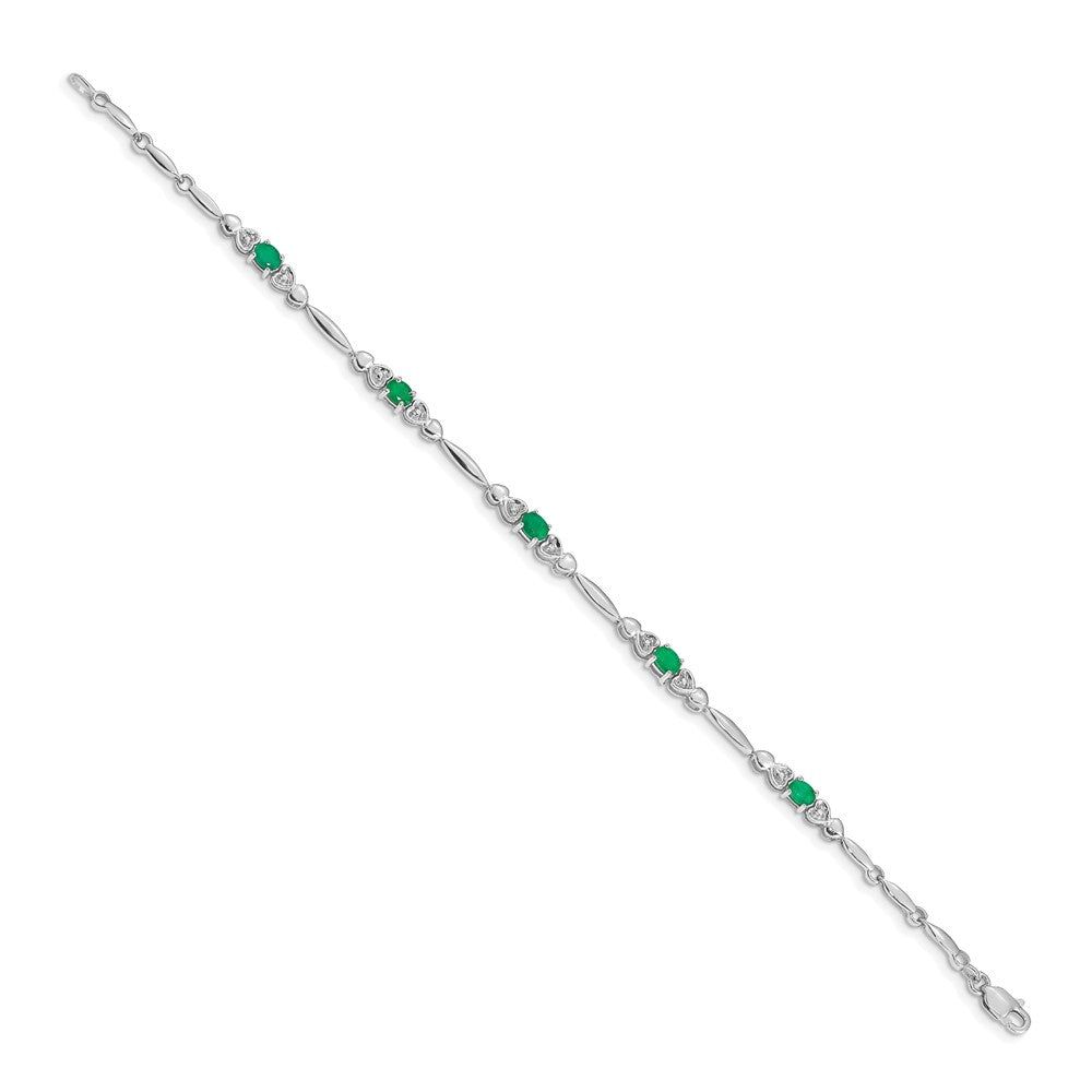 14k White Gold Complete Diamond and Oval Emerald Heart Design 7 inch Bracelet