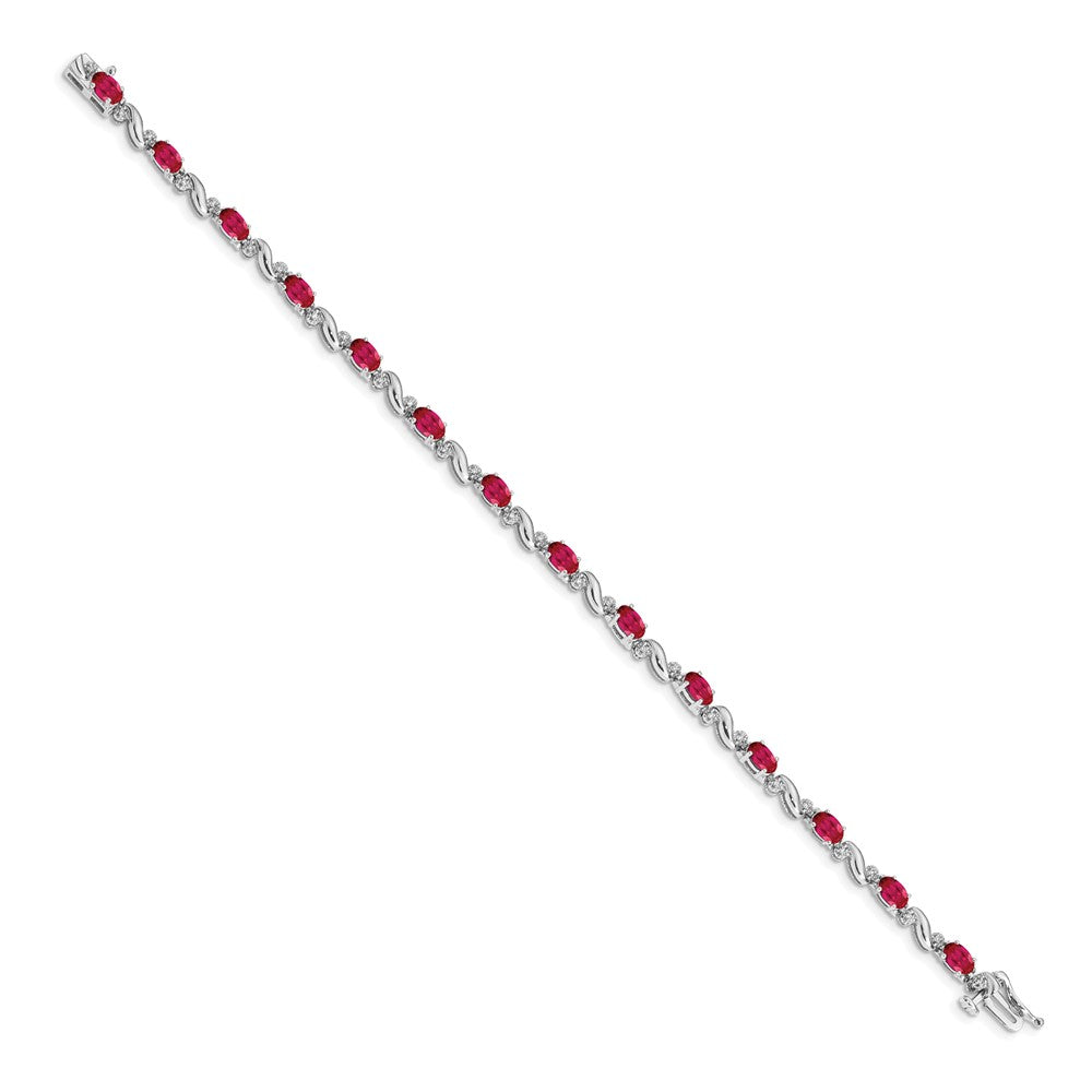 14k White Gold Complete Diamond and Oval Ruby Curved Link 7 inch Bracelet