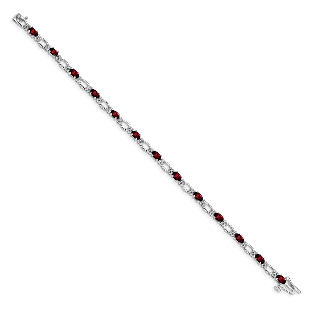 14k White Gold Complete Diamond and Oval Garnet Heart Accent 7 inch Bracelet