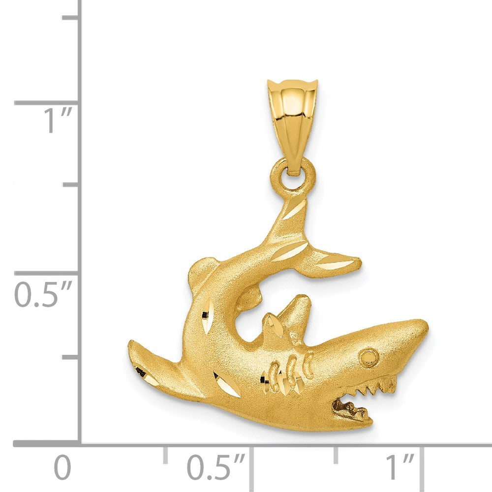 14k Satin Diamond-cut Swimming Shark Pendant