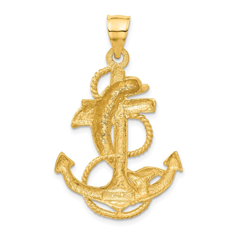 14k Large Polished and Satin Dolphin on Anchor Charm