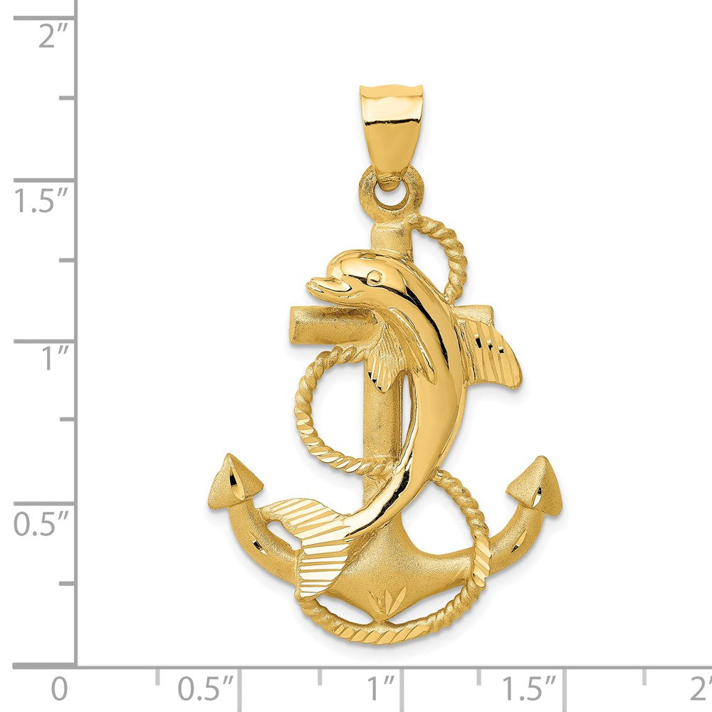 14k Large Polished and Satin Dolphin on Anchor Charm