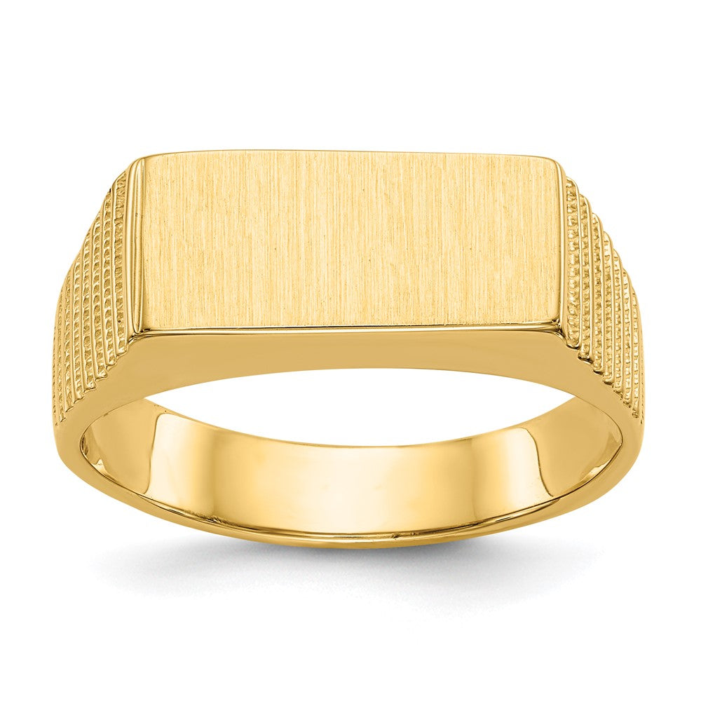 Solid;Casted;Polished;14k Yellow gold;Open back;Engravable;In-house sizing;3 Size Up