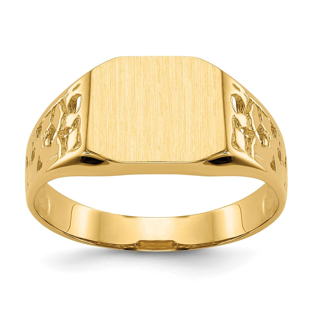 Solid;Casted;Polished;14k Yellow gold;Open back;Engravable;In-house sizing