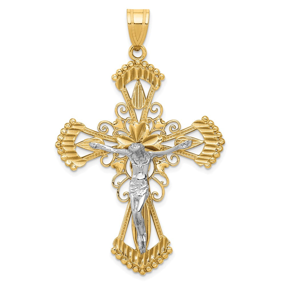 Solid;Casted;Diamond-cut;Polished;14K Two-tone;Flat back;Not engraveable