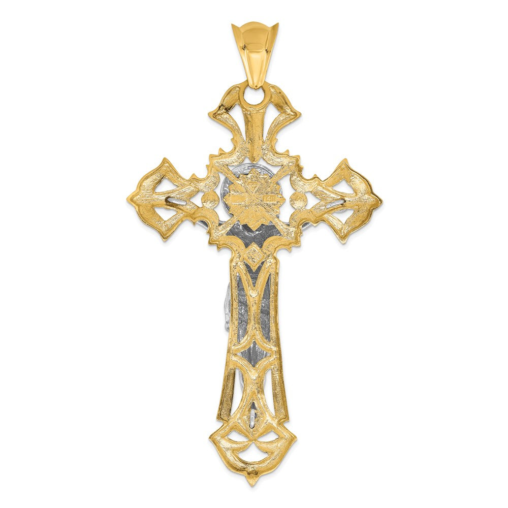 14k Two-tone Large Polished with Red CZs Crucifix Pendant