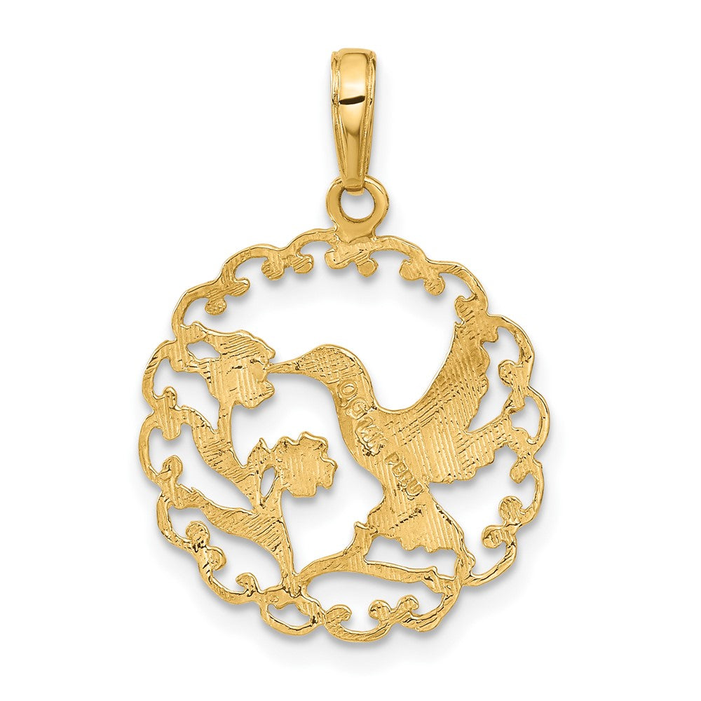 14k Hummingbird with Flower Round Scalloped Frame Pendant
