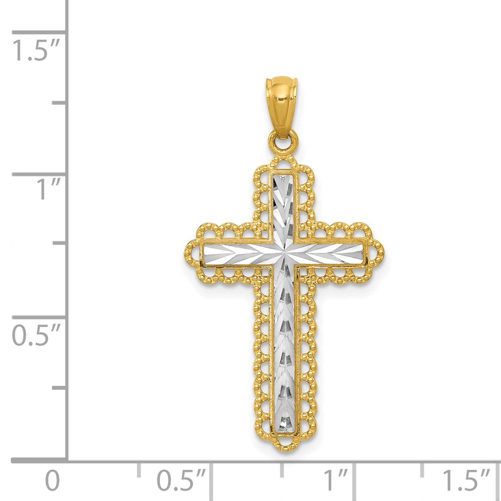 14K and White Rhodium Diamond-cut Cross Pendant