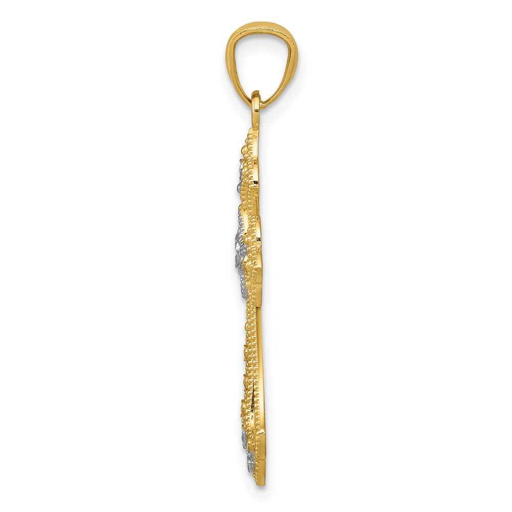 14K and White Rhodium Diamond-Cut Fleur de Lis Cross Pendant