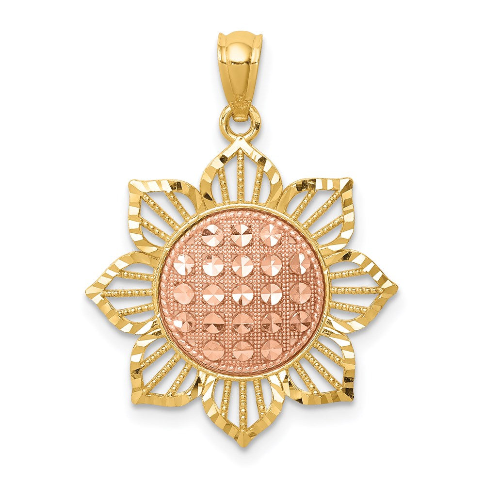 14K Two-Tone Diamond-cut Sunflower Pendant