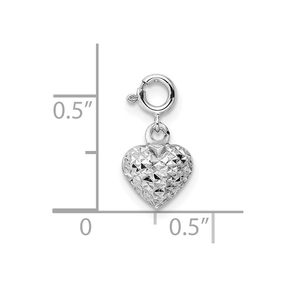 14K White Gold 3-D Puffed Diamond-cut Heart with Spring Ring Clasp Charm