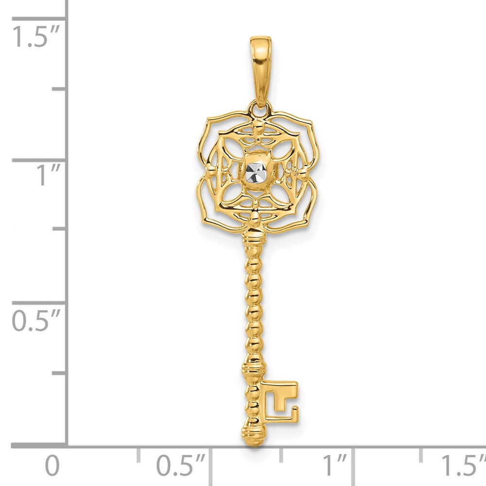 14k and White Rhodium Diamond-cut Floral Key Pendant