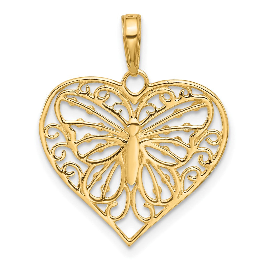 14K and White Rhodium Diamond-cut Butterfly Heart Pendant