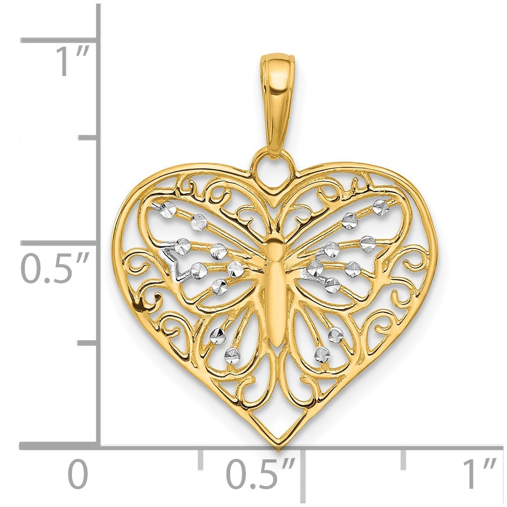 14K and White Rhodium Diamond-cut Butterfly Heart Pendant