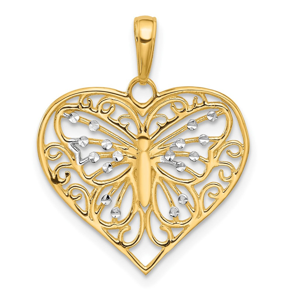14K and White Rhodium Diamond-cut Butterfly Heart Pendant