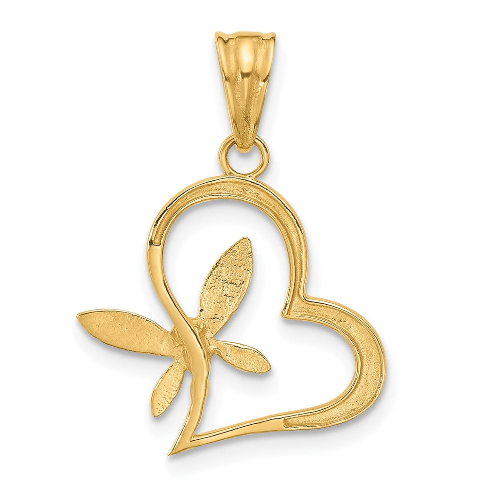 14K and White Rhodium Diamond-cut Dragonfly on Heart Pendant