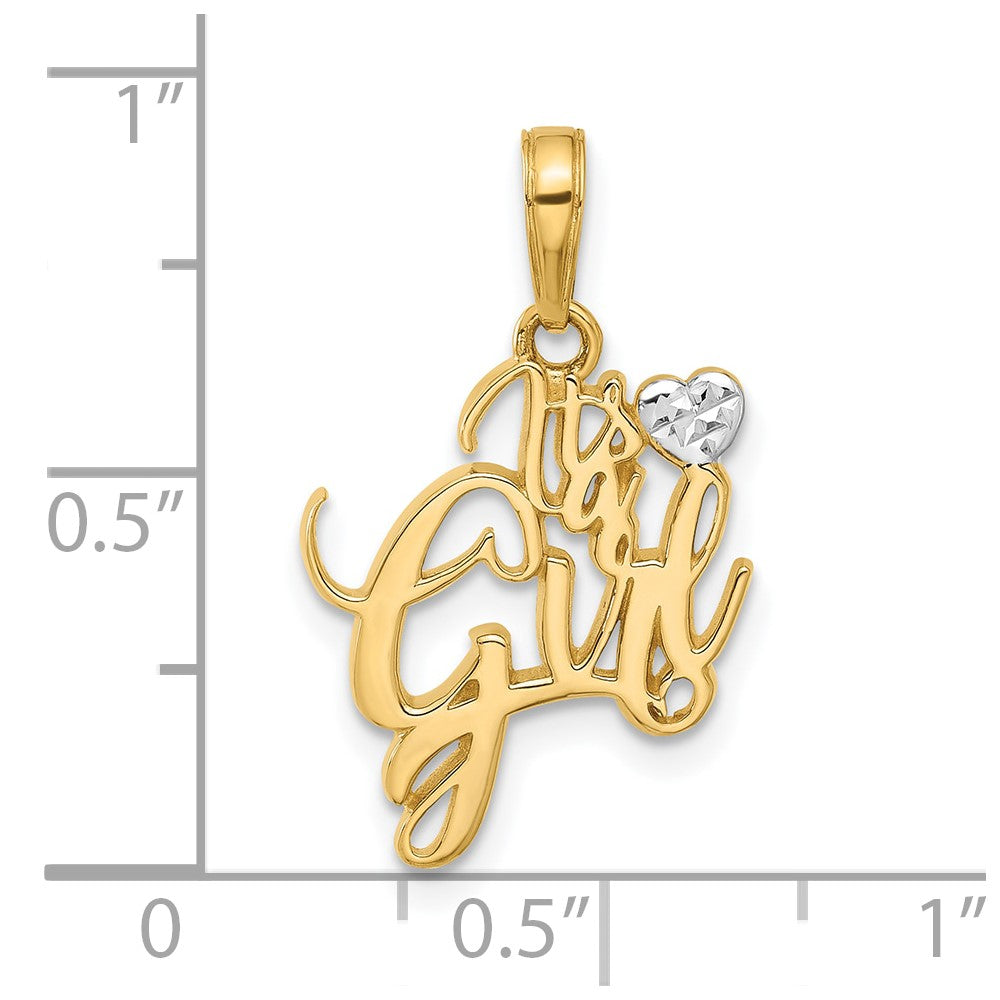 14k and White Rhodium Diamond-cut Heart IT'S A GIRL Pendant