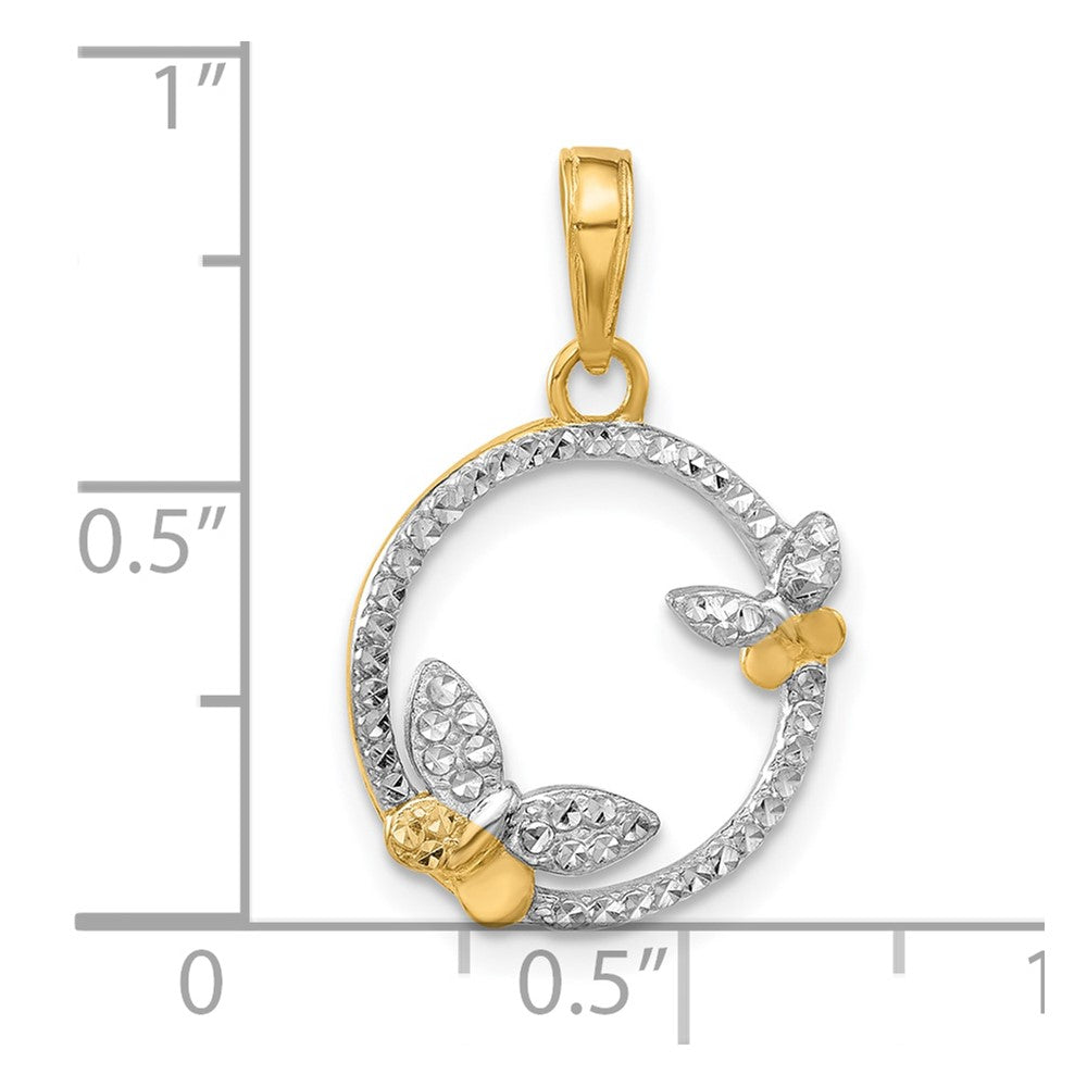 14K and White Rhodium Diamond-cut Butterflies on Circle Pendant
