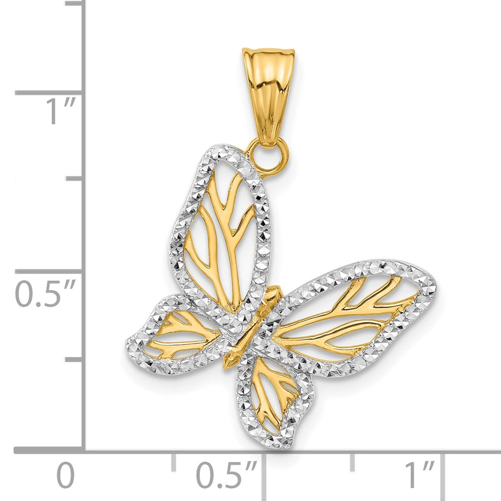 14K and White Rhodium Diamond-cut Butterfly Pendant