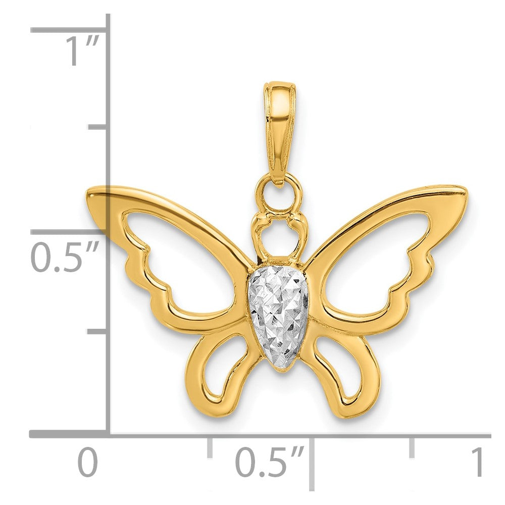 14K and White Rhodium Polished and Diamond-cut Butterfly Pendant