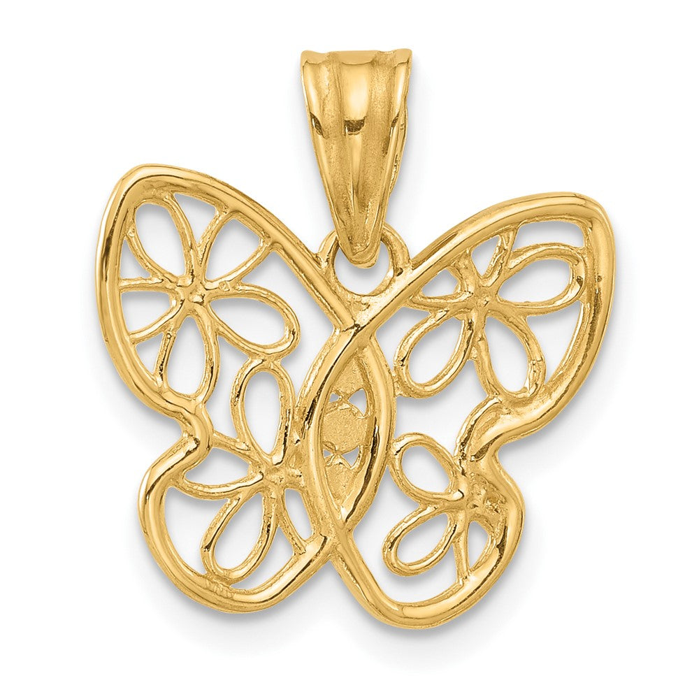 14K and White Rhodium Polished and Diamond-cut Flower Butterfly Pendant