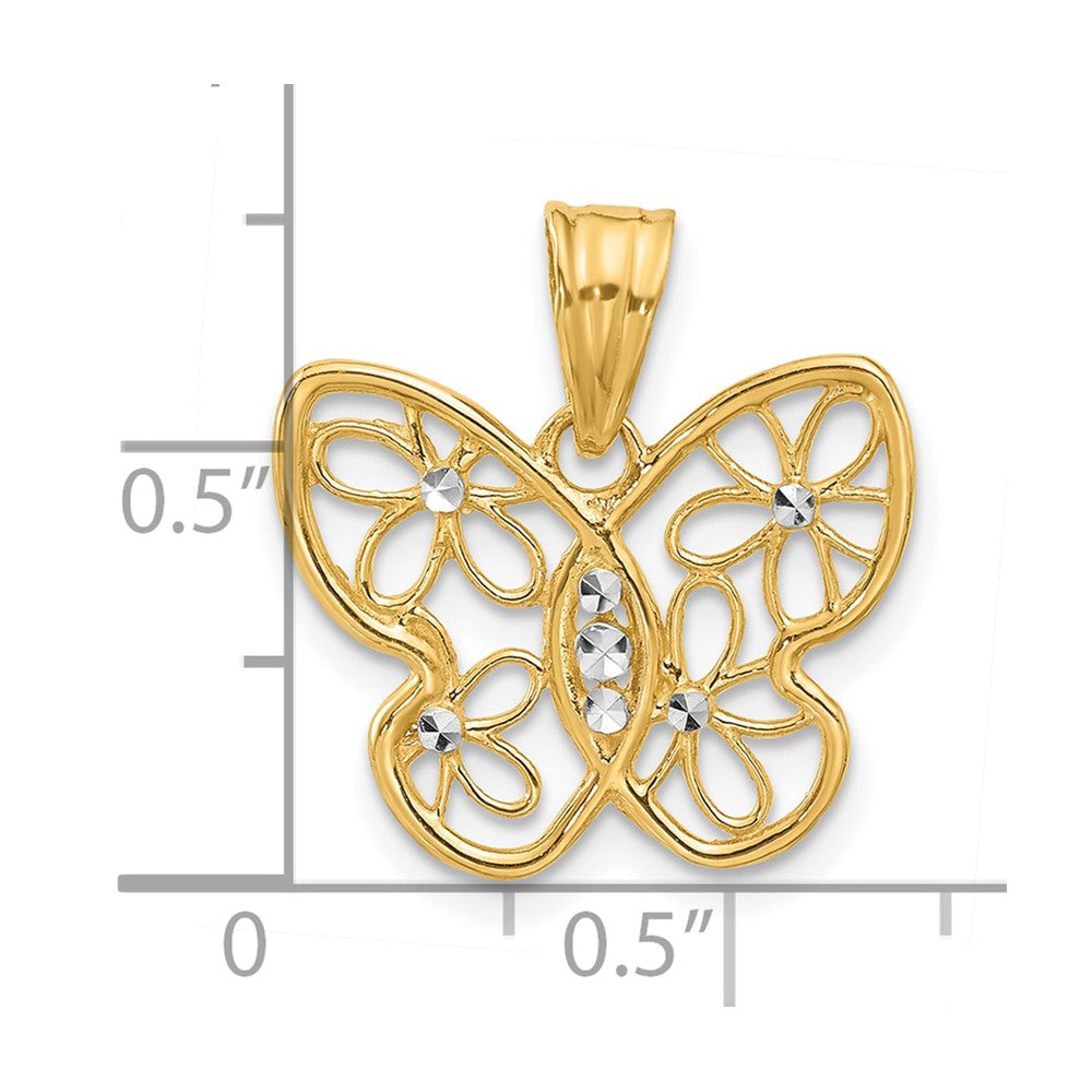 14K and White Rhodium Polished and Diamond-cut Flower Butterfly Pendant