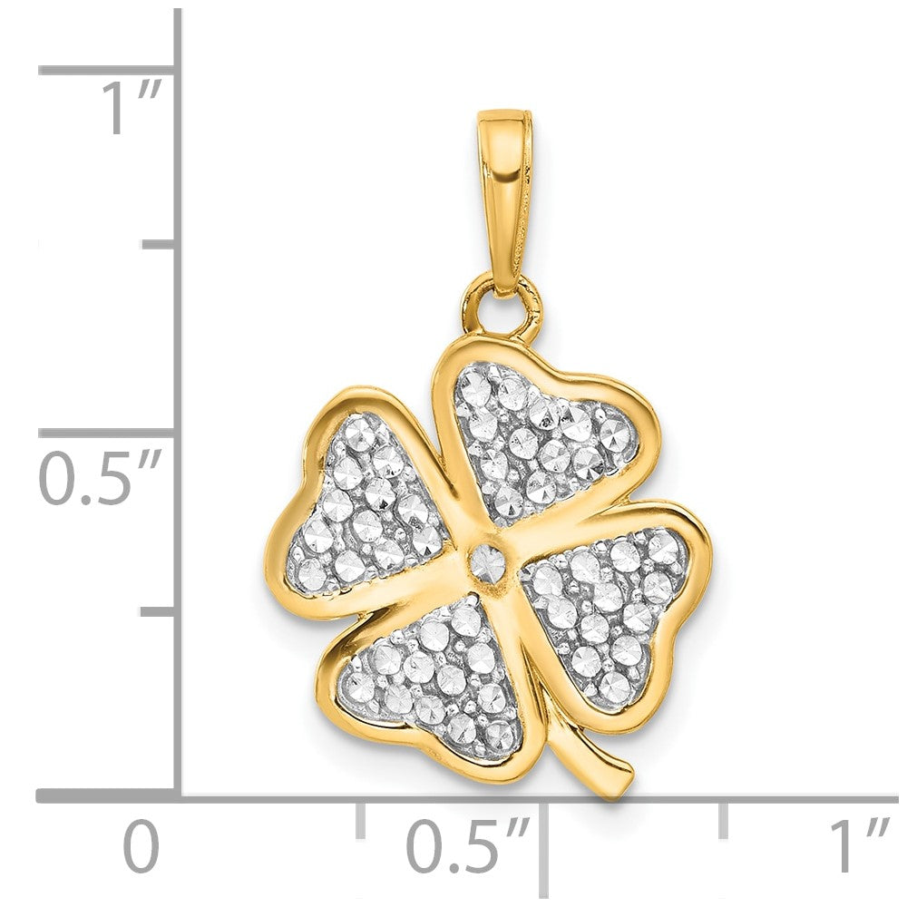 14k and White Rhodium Polished and Diamond-cut 4-Leaf Clover Pendant