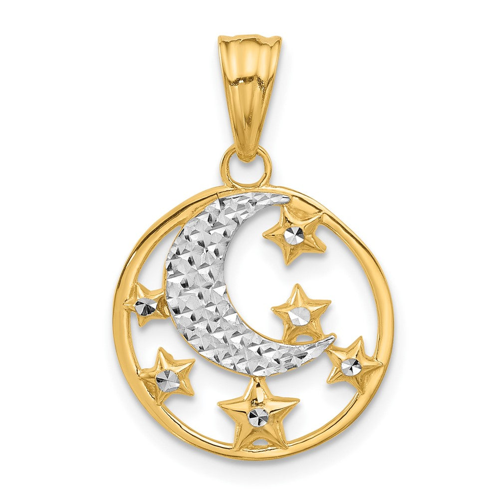 14K and White Rhodium Diamond-cut Moon and Stars Pendant