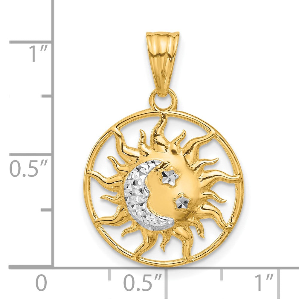 14K and White Rhodium Diamond-cut Sun Moon Stars Pendant