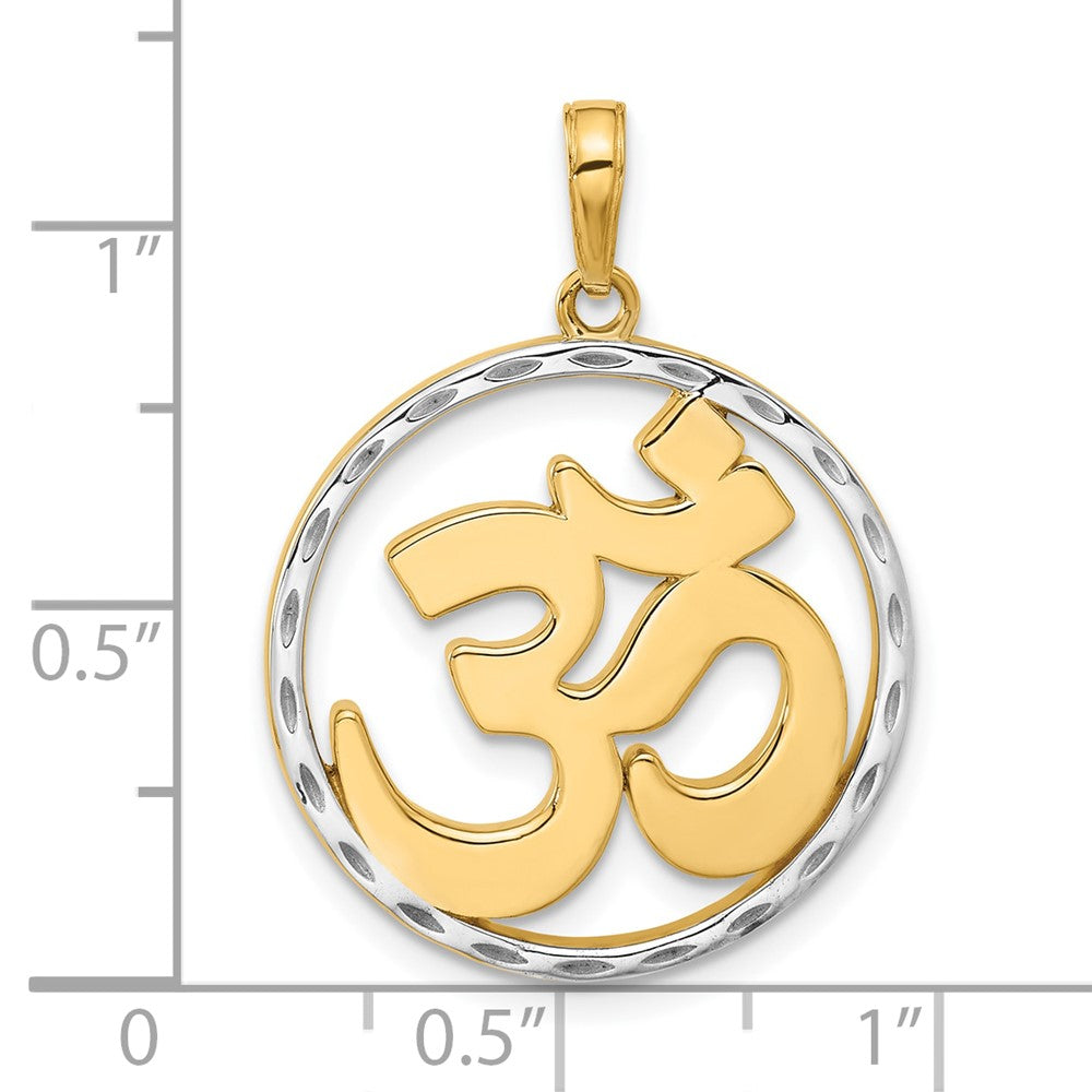 14K and White Rhodium Diamond-cut Om Symbol in Circle Pendant