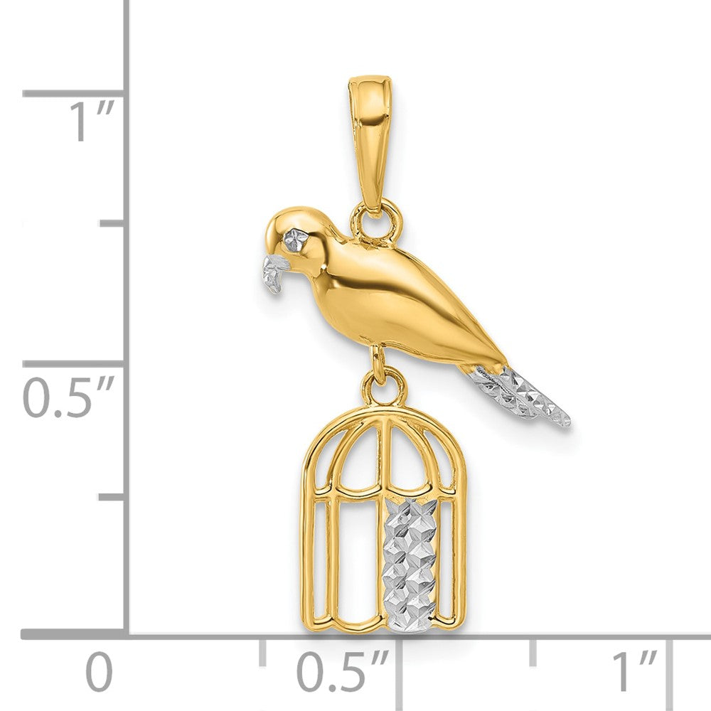 14K and White Rhodium Diamond-cut Bird on Bird Cage Pendant