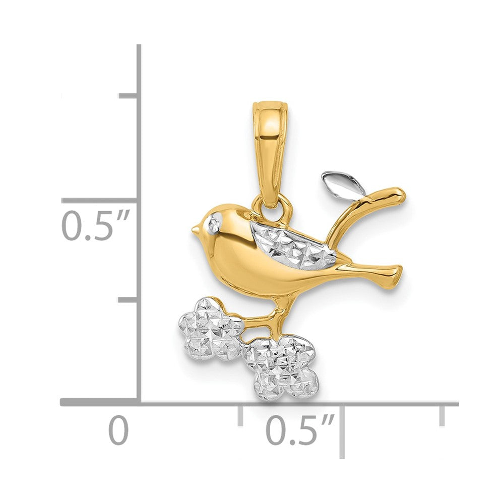 14K and White Rhodium Diamond-cut Bird on Branch Pendant