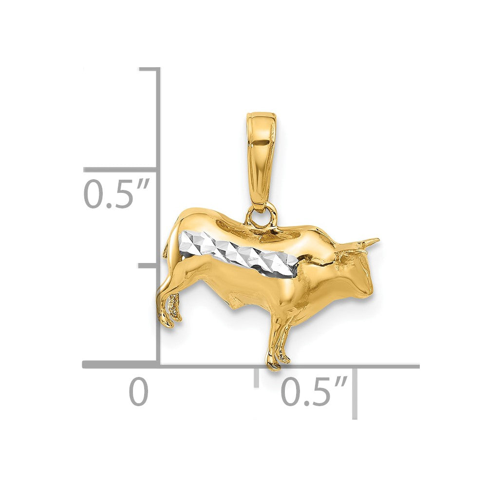14k and White Rhodium Diamond-cut 3-D Bull Pendant