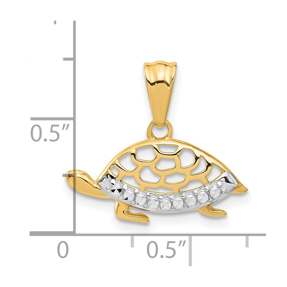 14K and White Rhodium Diamond-cut Turtle Pendant
