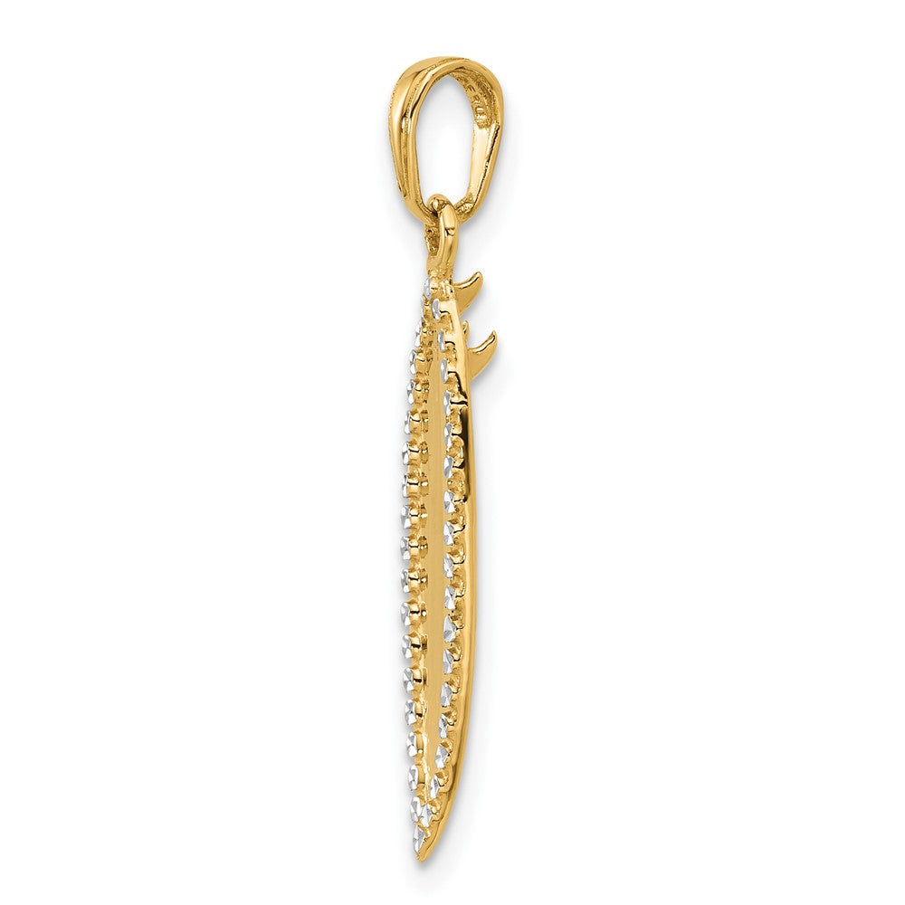 14K and White Rhodium Diamond-cut 3-D Surfboard Pendant