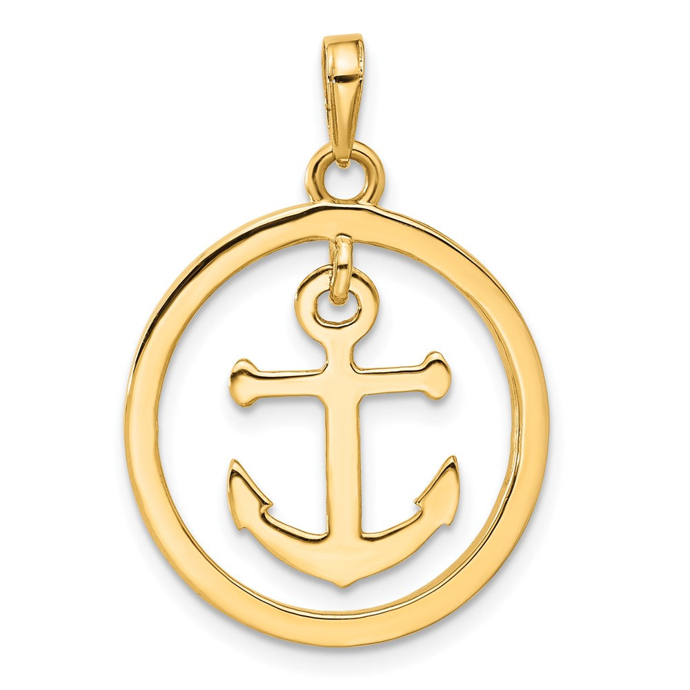 14k and White Rhodium Diamond-cut Anchor Dangle in Circle Pendant