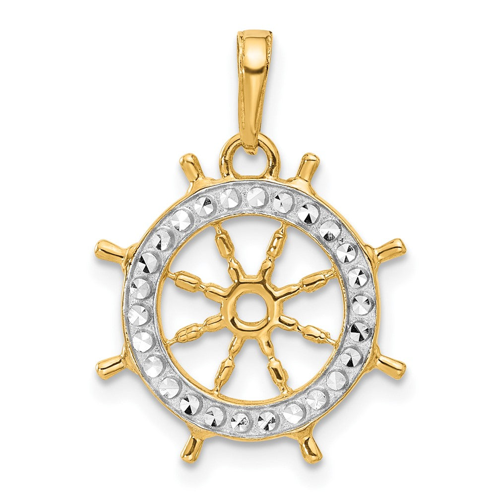 14k and White Rhodium Diamond-cut Ship's Wheel Pendant