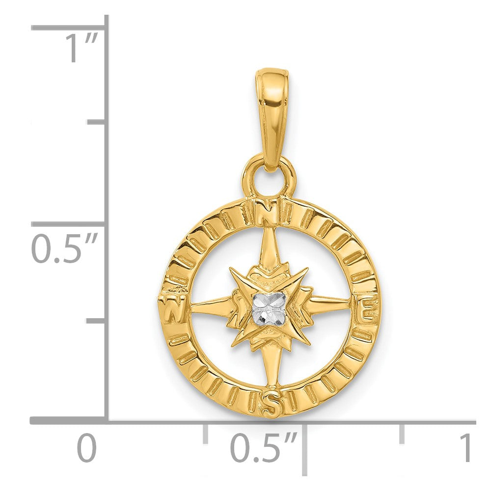 14k and White Rhodium Diamond-cut Compass Pendant