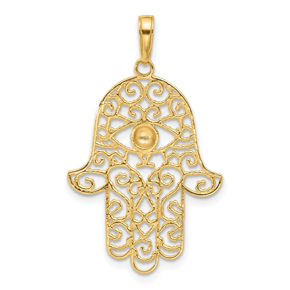 14k and White Rhodium Diamond-cut Filigree Hamsa Pendant