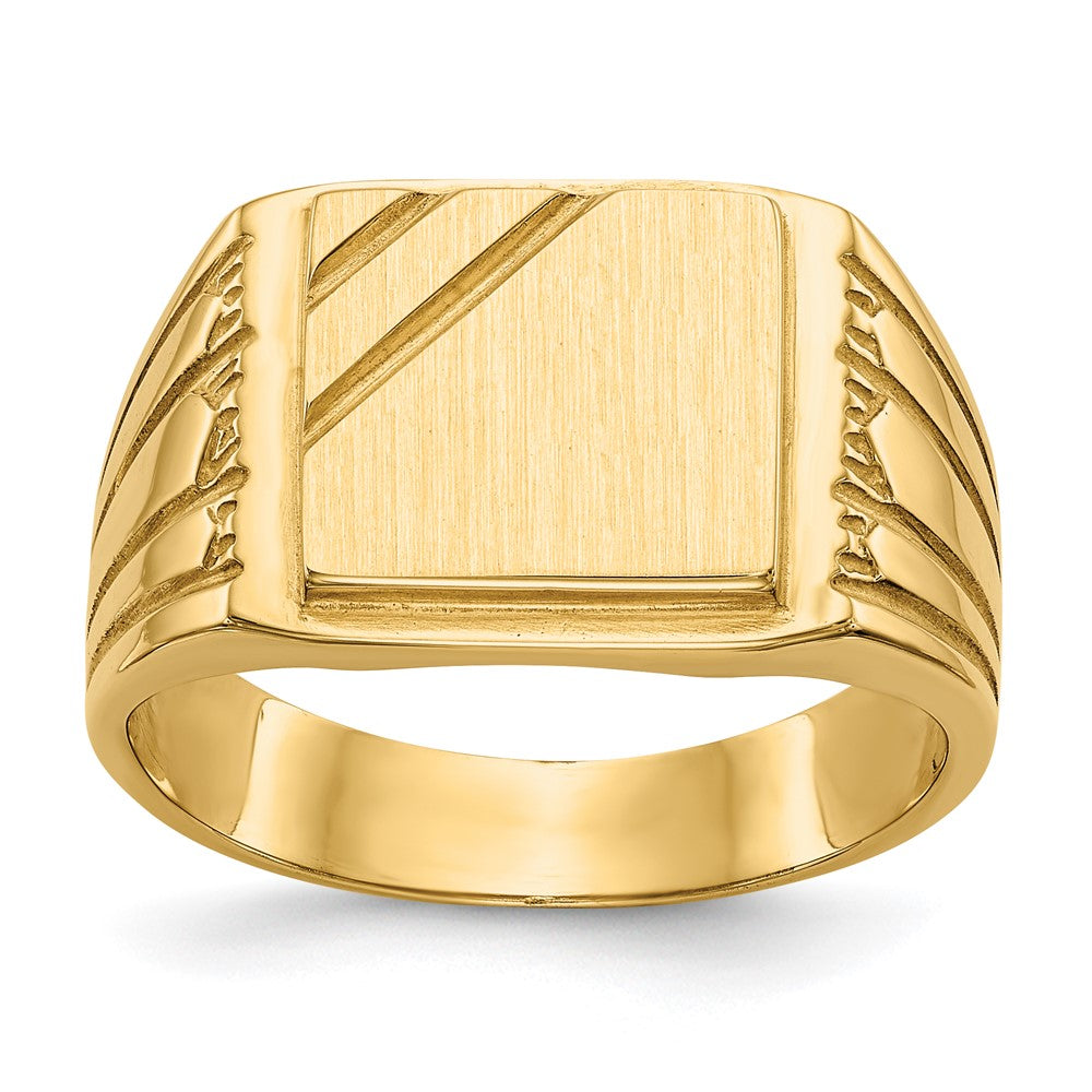 Solid;Casted;Polished;14k Yellow gold;Open back;Engravable;In-house sizing;Avail. in 10k yellow gold;Avail. in 18k yellow gold;Avail. in 14k white gold;Avail. in 18k white gold