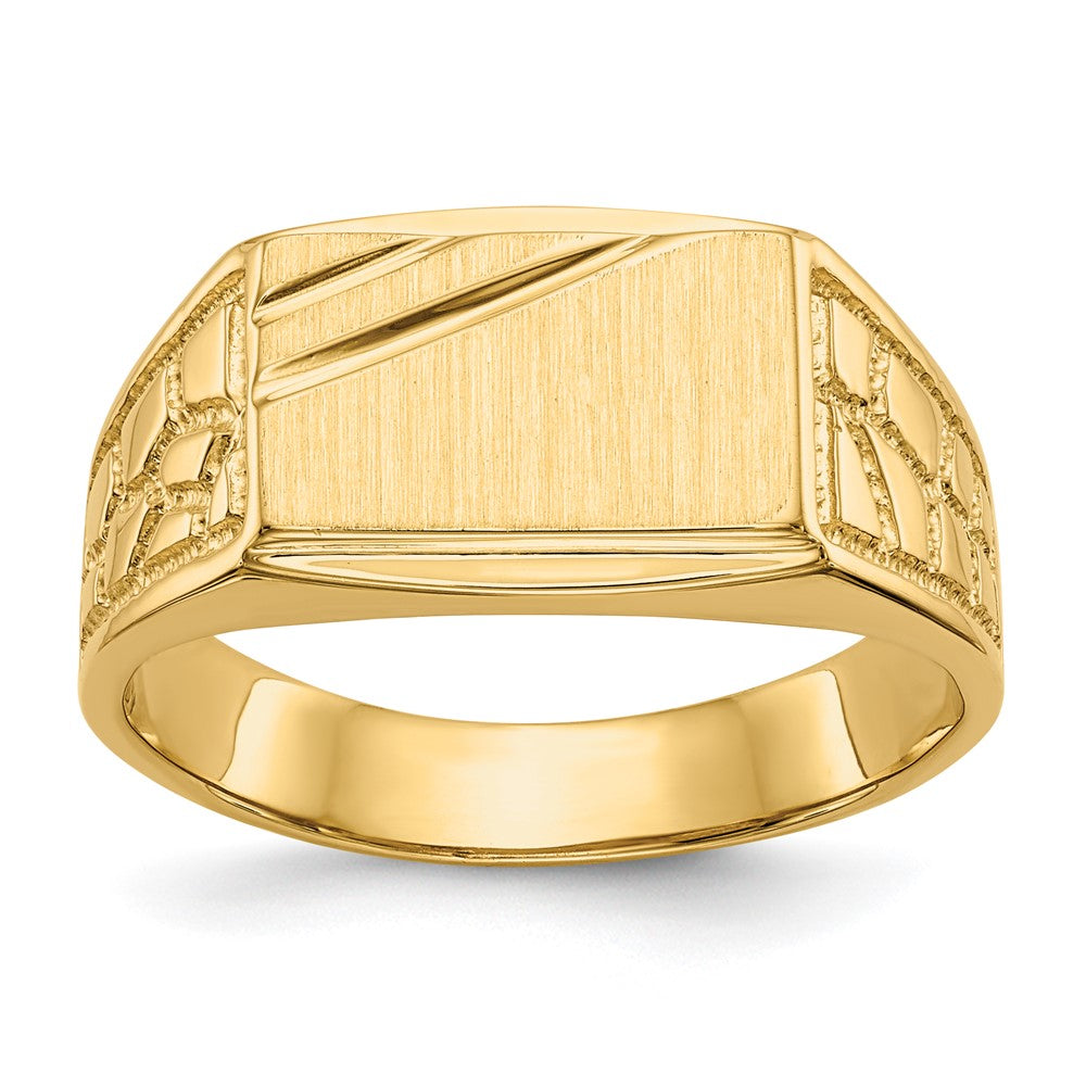 Solid;Casted;Polished;14k Yellow gold;Open back;Engravable;In-house sizing;Avail. in 10k yellow gold;Avail. in 18k yellow gold;Avail. in 14k white gold;Avail. in 18k white gold