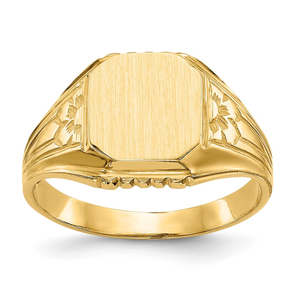 Solid;Casted;Polished;Satin;14k Yellow gold;Open back;Engravable;In-house sizing;Avail. in 10k yellow gold;Avail. in 18k yellow gold;Avail. in 14k white gold;Avail. in 18k white gold