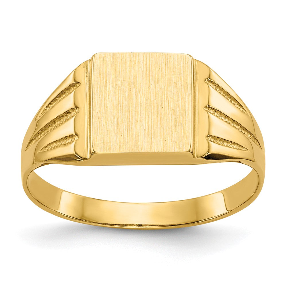Solid;Casted;Polished;Satin;14k Yellow gold;Open back;Engravable;In-house sizing;Avail. in 10k yellow gold;Avail. in 18k yellow gold;Avail. in 14k white gold;Avail. in 18k white gold